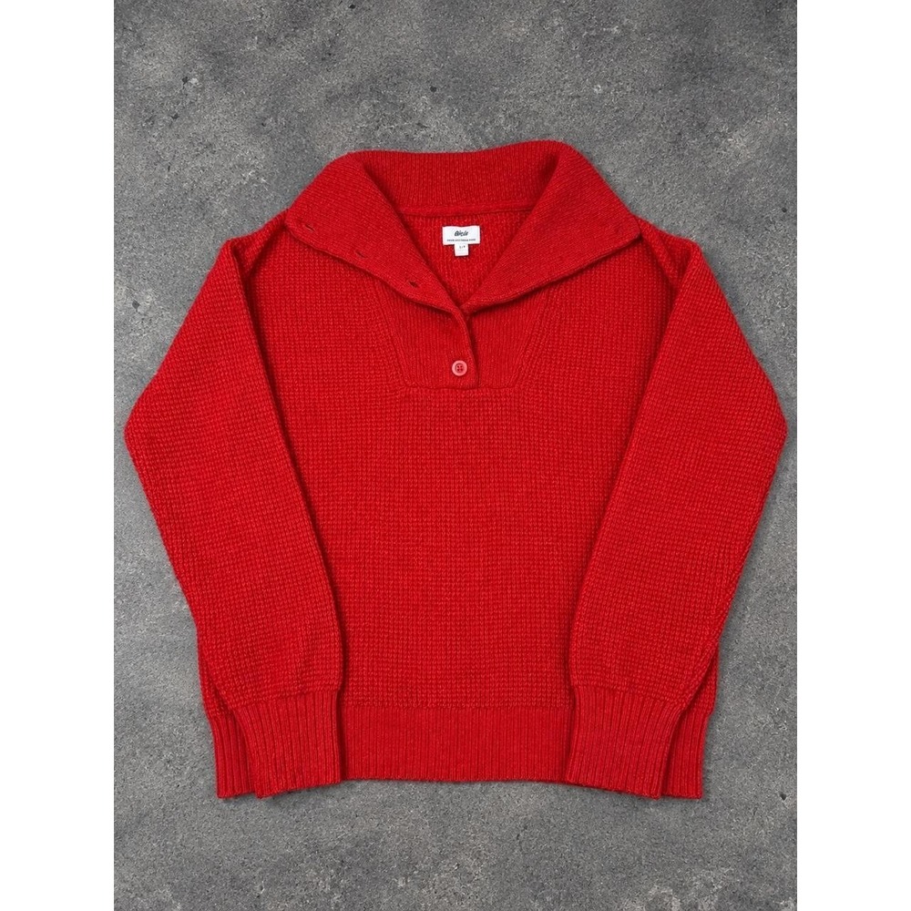 Aerie Red Waffle Knit Mock Neck Button Sweater Women's Small